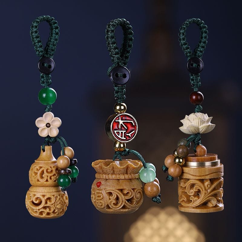 檀香木鏤空雕刻香囊葫蘆掛件鈴鐺小吊墜