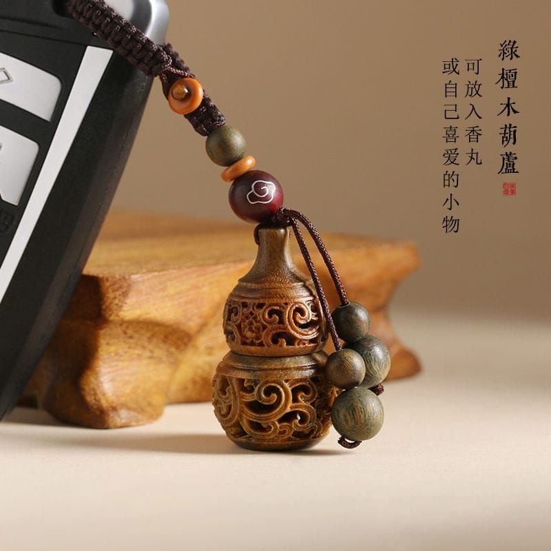 福祿平安綠檀木鏤空葫蘆汽車鑰匙扣掛件：圖片 4