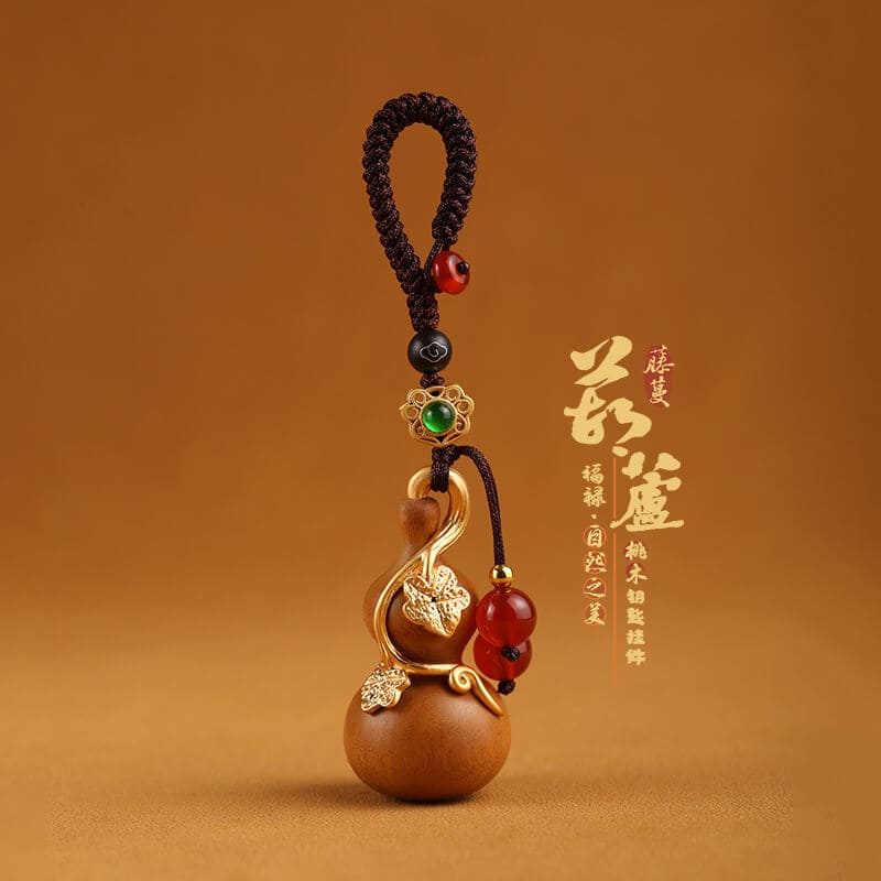 福祿平安桃木葫蘆掛件鑲嵌純銅保色鑰匙扣：圖片 2