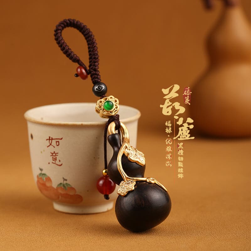福祿平安桃木葫蘆掛件鑲嵌純銅保色鑰匙扣：圖片 3