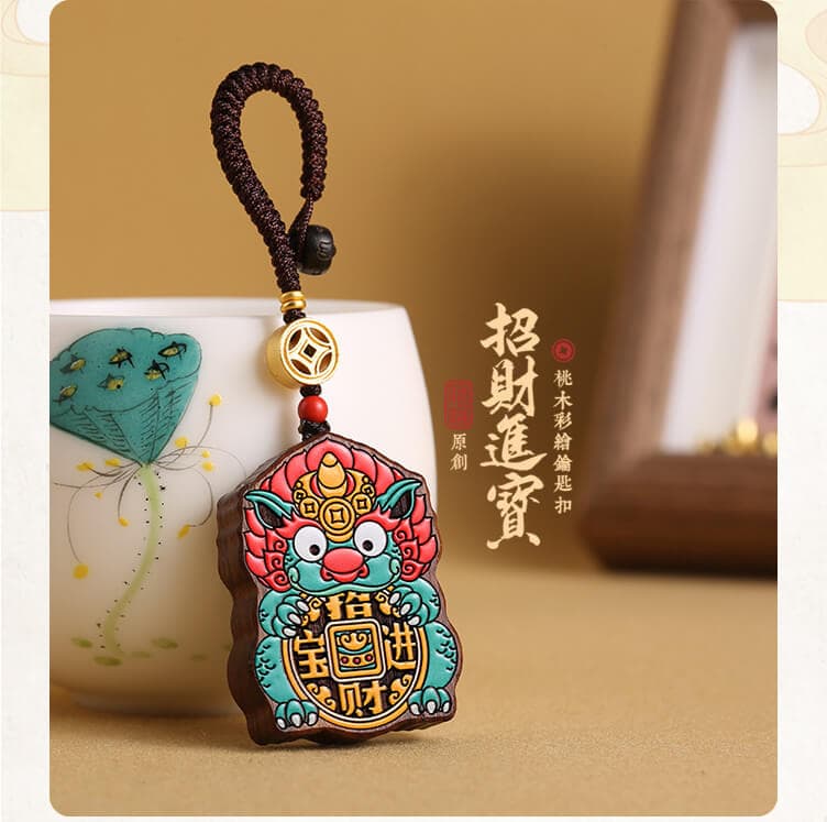國風木質鑰匙扣 銅錢配珠展示