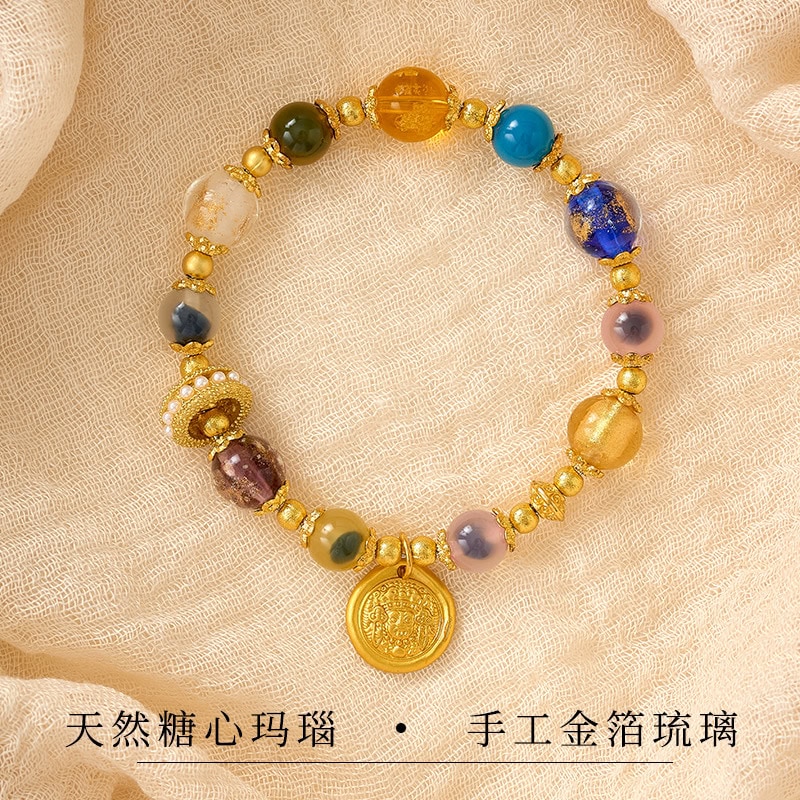 黃福神納福半糖金箔琉璃糖心瑪瑙手串：圖片 3