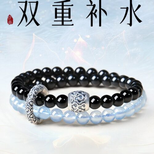 氣韻屬水黑曜石海藍寶天然水晶雙圈手鏈
