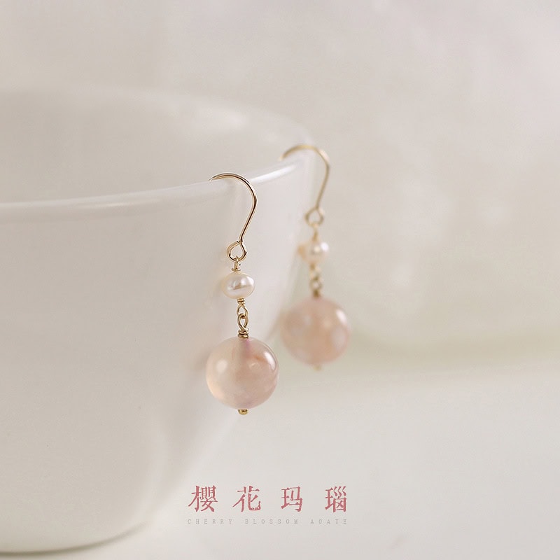 天然珍珠櫻花瑪瑙耳環：圖片 2