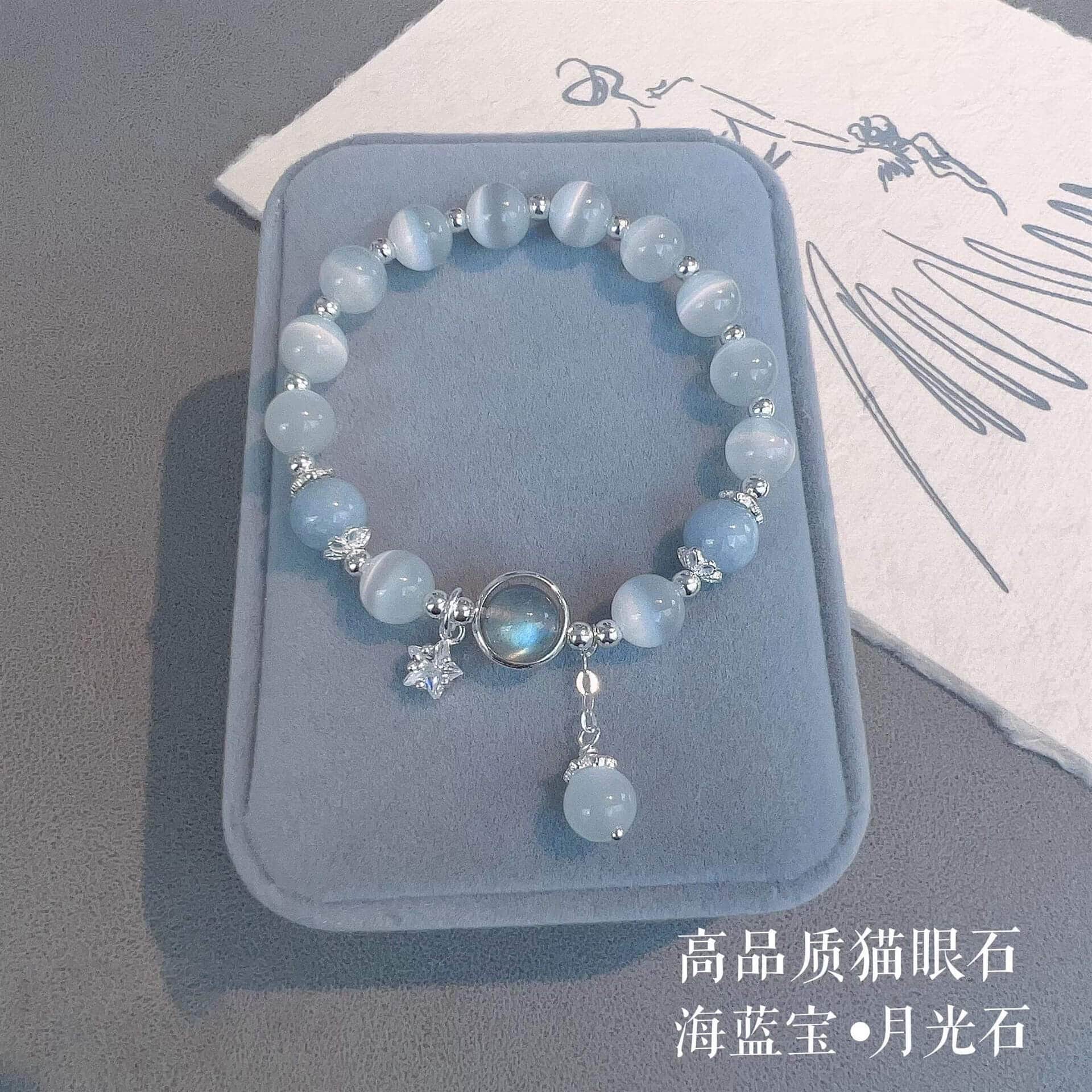 貓眼石海藍寶月光石水晶女手鏈