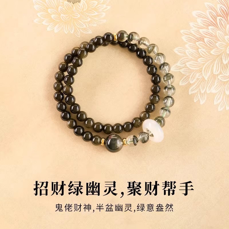 喜水木手串天然黑曜石綠幽靈水晶手鏈：圖片 3