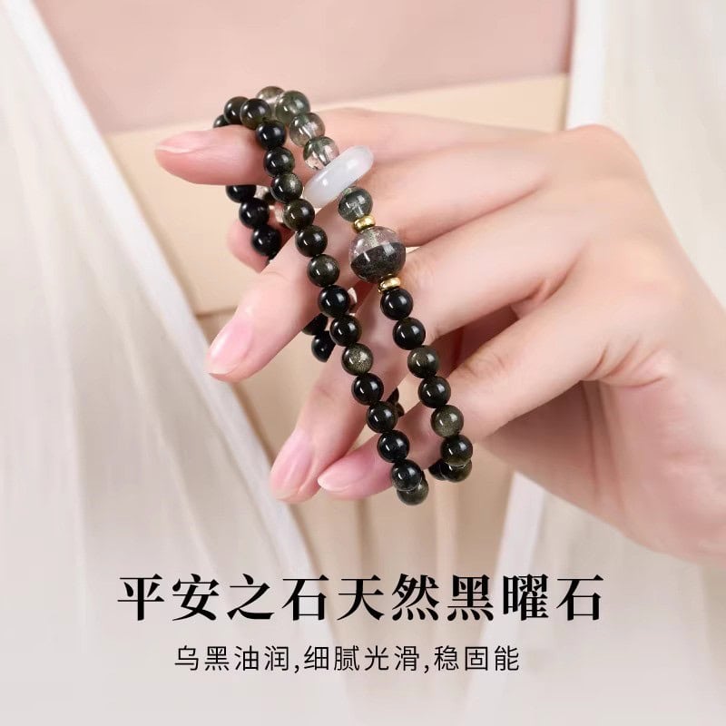 喜水木手串天然黑曜石綠幽靈水晶手鏈：圖片 4
