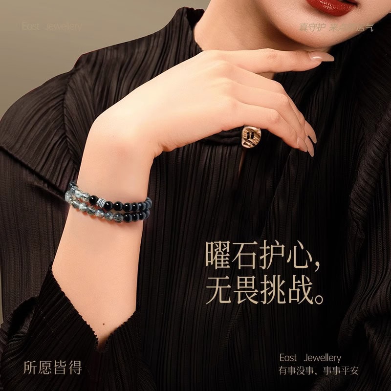 天然黑曜石手串雙圈情侶黑髪晶水晶手鏈：圖片 2