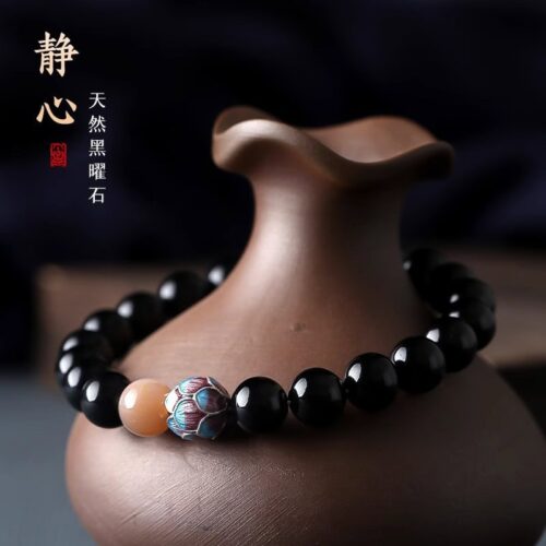 靜心天然黑曜石靜心上岸蓮花手串：圖片 4