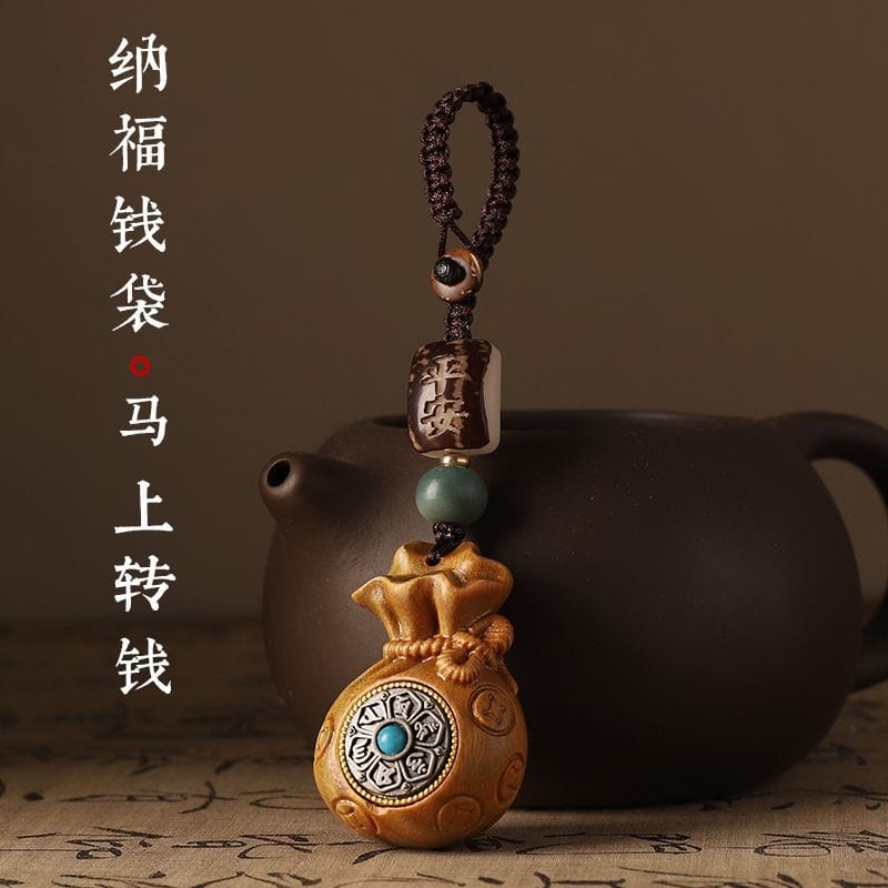 檀木福袋汽車鑰匙扣掛件六字真言手機鏈：圖片 4