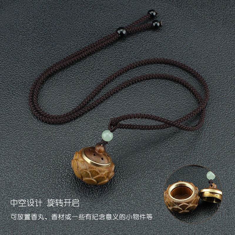 可打開香丸盒鏤空蓮花綠檀木項鏈繩：圖片 2