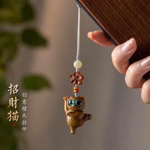 綠檀木可愛抓貓手機鏈掛飾包包掛件