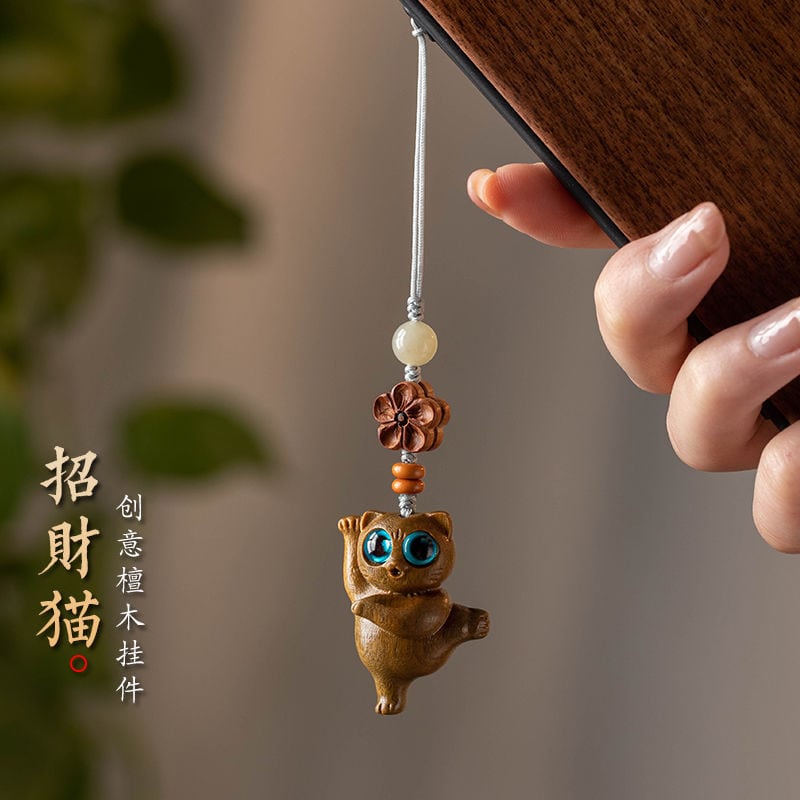 綠檀木可愛抓貓手機鏈掛飾包包掛件