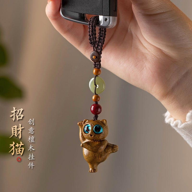 綠檀木可愛抓貓手機鏈掛飾包包掛件：圖片 2