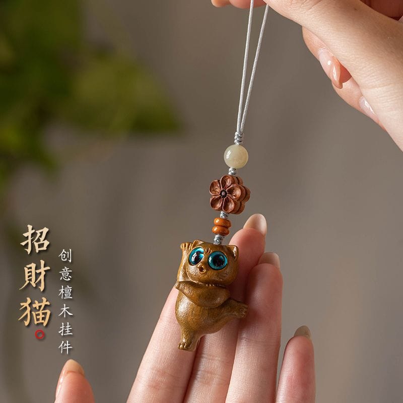 綠檀木可愛抓貓手機鏈掛飾包包掛件：圖片 4