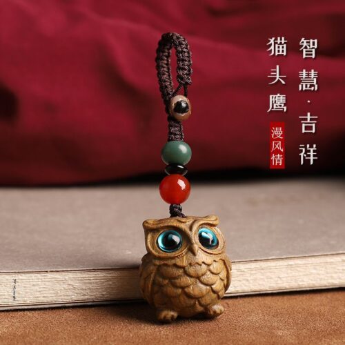 綠檀木貓頭鷹汽車鑰匙扣掛件