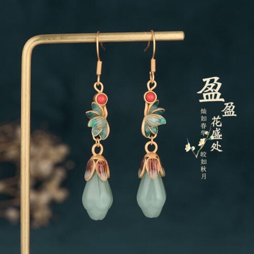 飾琺瑯小眾玉蘭花玉石古風耳環