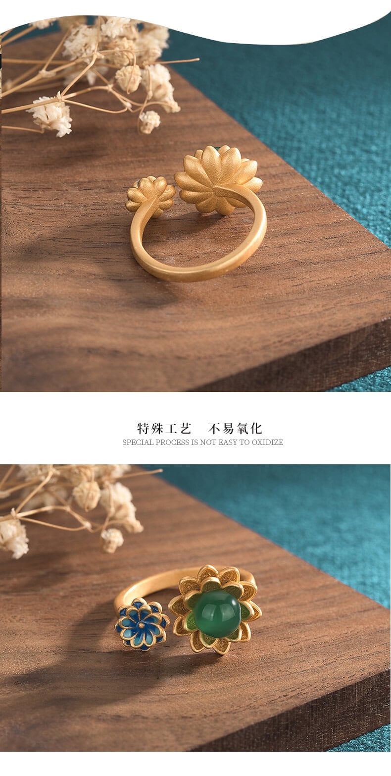 風古琺瑯工藝蓮花玉髓瑪瑙復古戒指