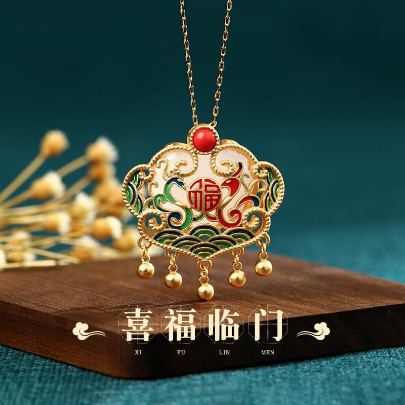 平安鎖掛墜鑲復古風流蘇項鏈
