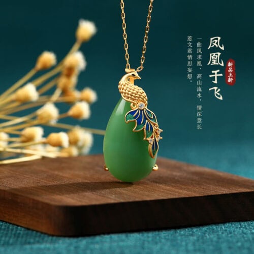 鳳凰琺瑯古法金工藝鑲玉石項鏈