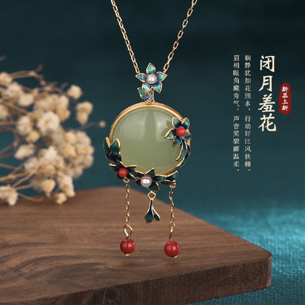 景泰藍古法金鑲嵌玉石鎖骨流蘇項鏈