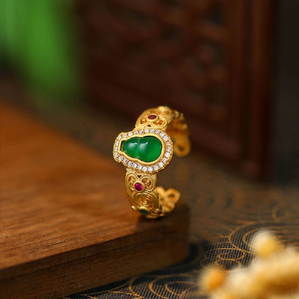 國潮葫蘆戒指玉石復古活口可調節指環：圖片 3