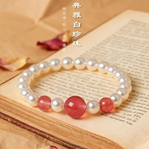 典雅白珍珠串珠手鏈粉水晶手串：圖片 2