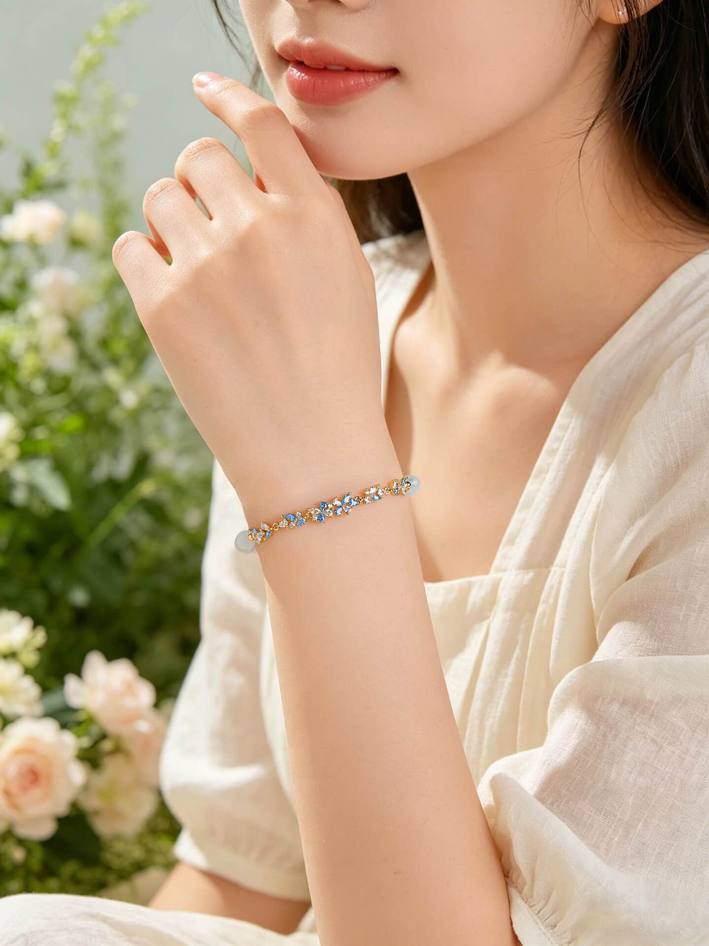 貓眼石串珠紫藤花手鏈輕奢可調節手鏈