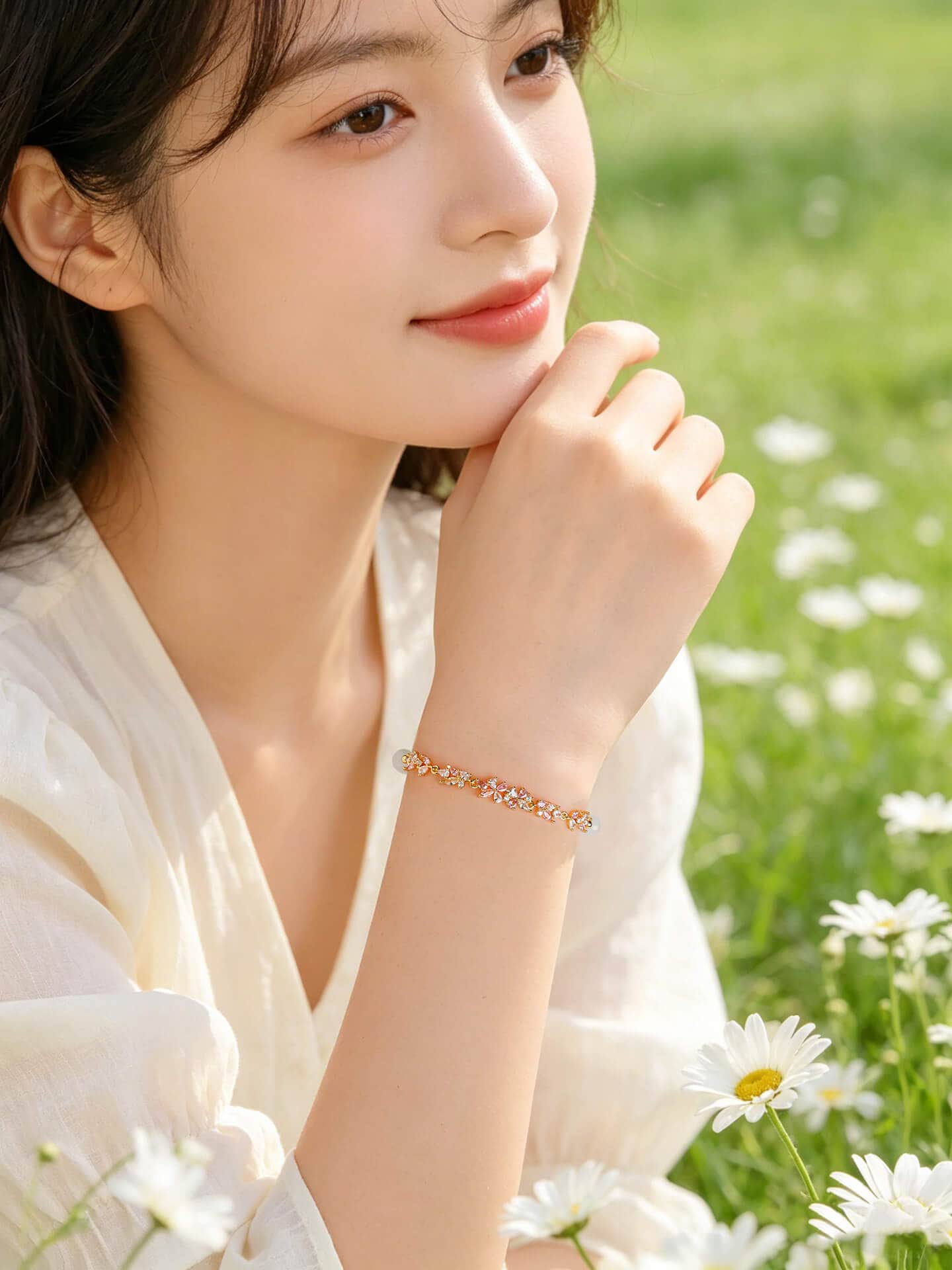 貓眼石串珠紫藤花手鏈輕奢可調節手鏈