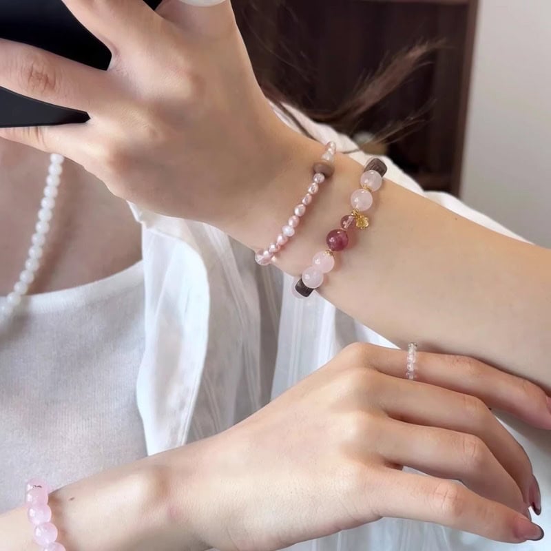 洛羽莫桑比克粉水晶手串桃花疊戴串珠：圖片 4