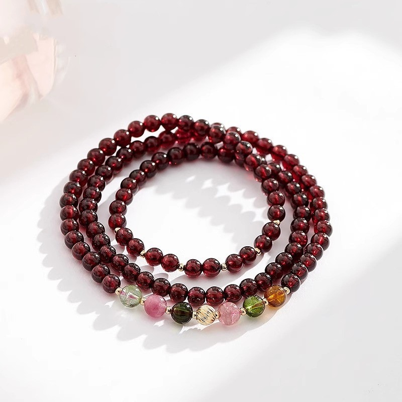 天然石榴石手鏈女三圈多圈疊戴碧璽水晶手串