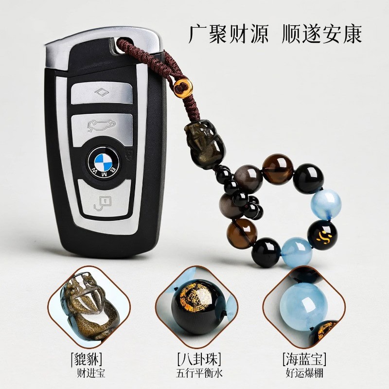 天然黑曜石茶水晶海藍寶鑰匙扣手機鏈：圖片 4