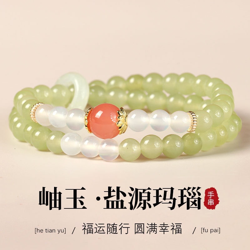 天然岫玉手串晴水雙圈新中式和田玉手鏈