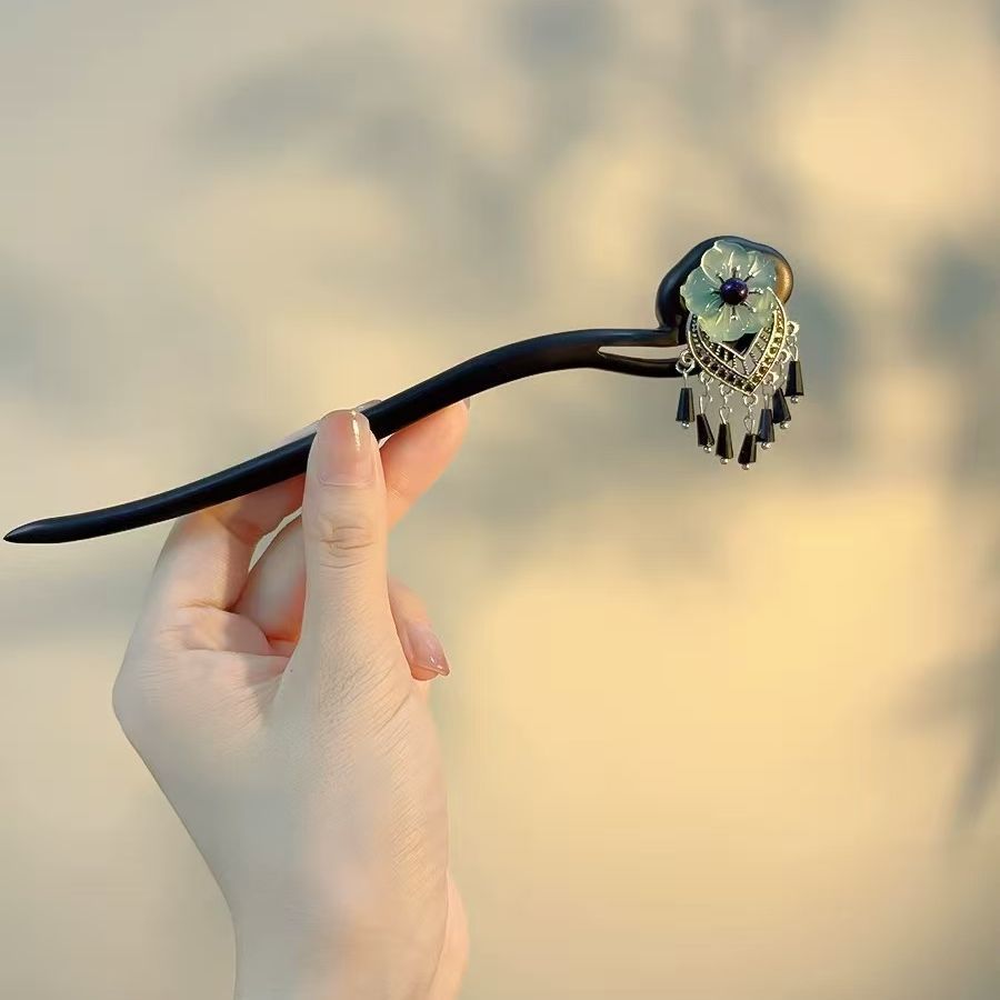 氣質花朵黑檀木髮簪古風高級感流蘇盤髮簪：圖片 4