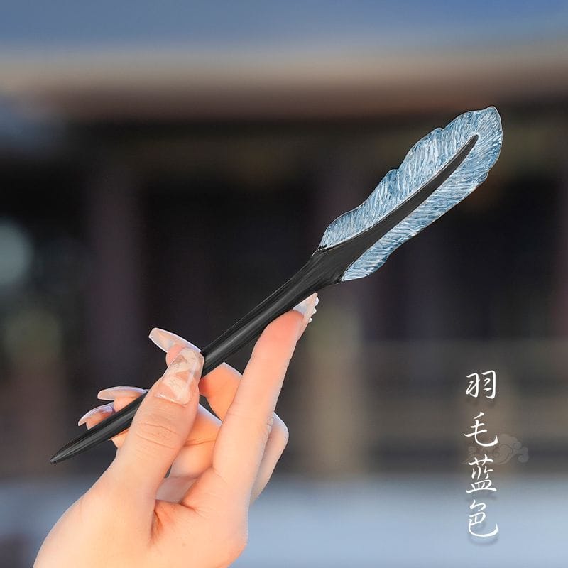 羽毛髮簪古風新中式黑檀盤髮髮釵