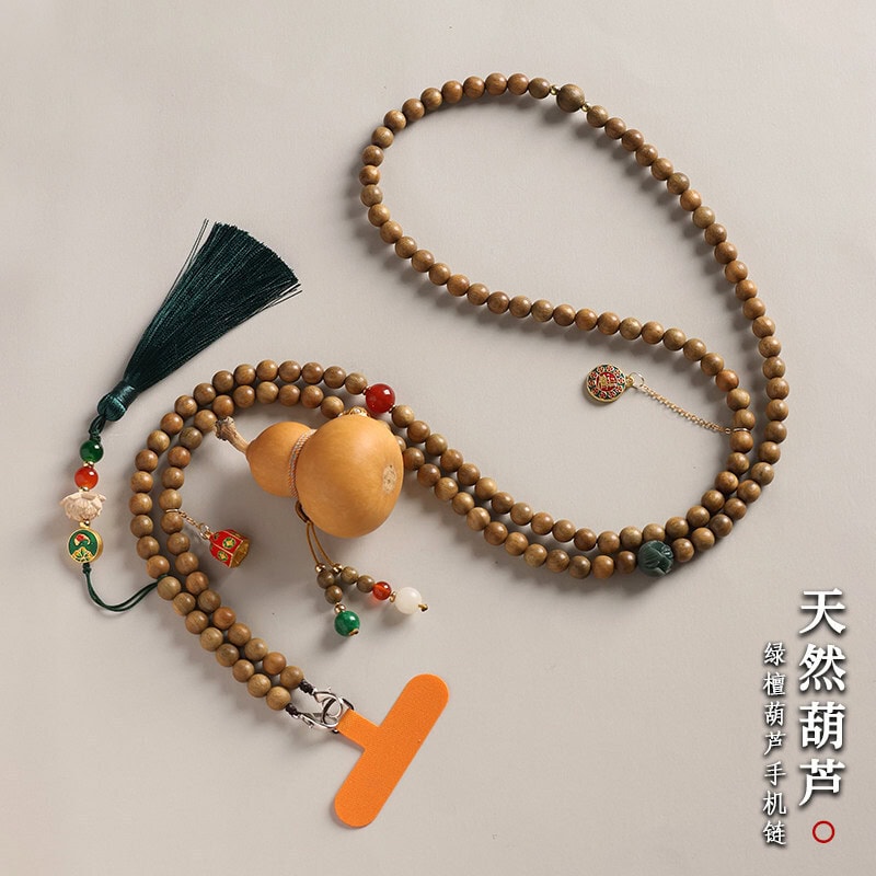 福祿壽葫蘆斜挎手機鏈綠檀串珠