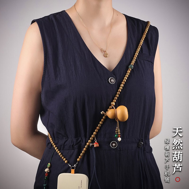 福祿壽葫蘆斜挎手機鏈綠檀串珠：圖片 2