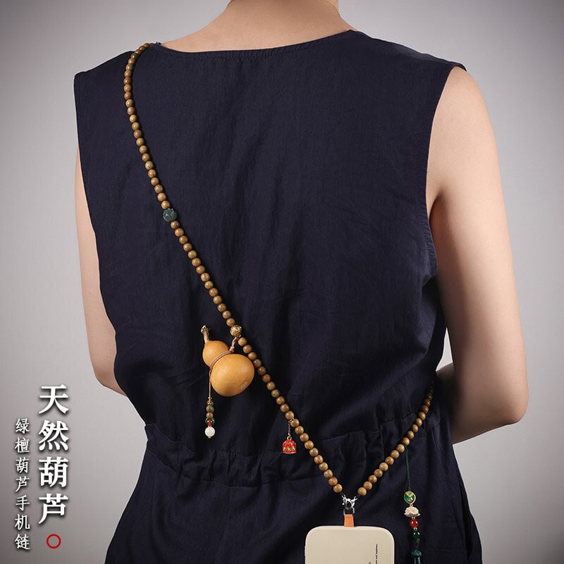 福祿壽葫蘆斜挎手機鏈綠檀串珠：圖片 5