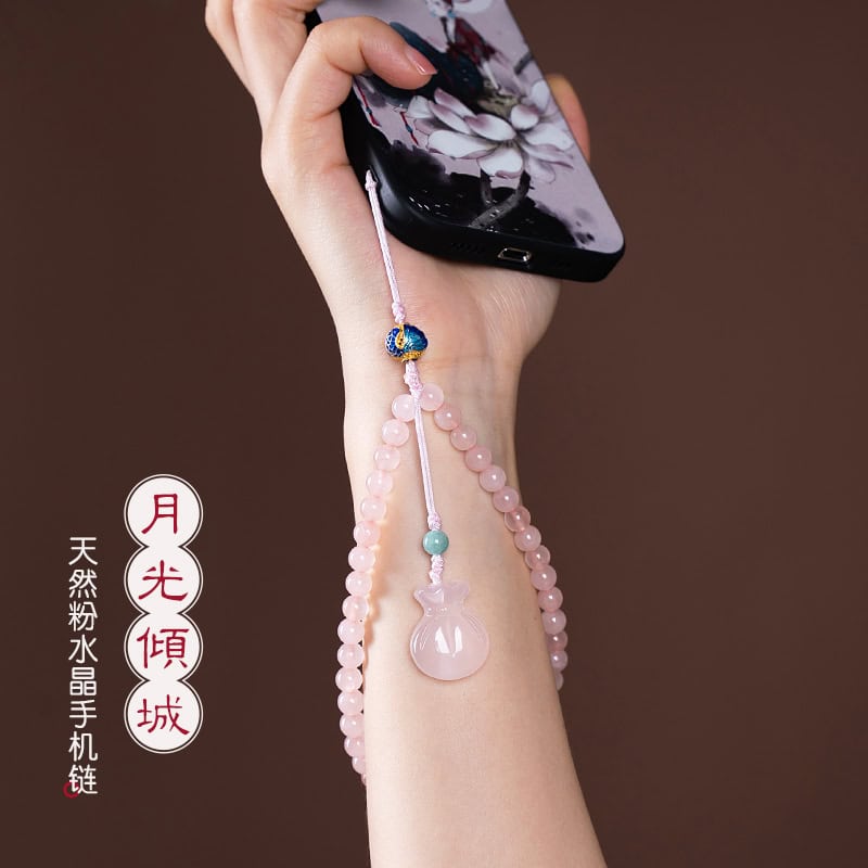 天然粉水晶手工串珠短款手機鏈：圖片 2