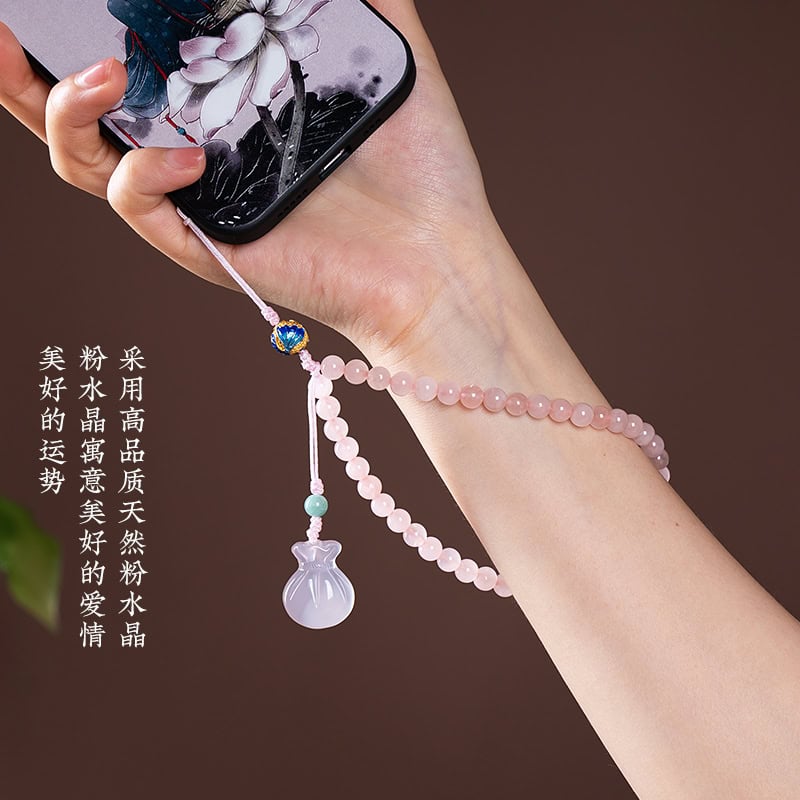 天然粉水晶手工串珠短款手機鏈：圖片 3