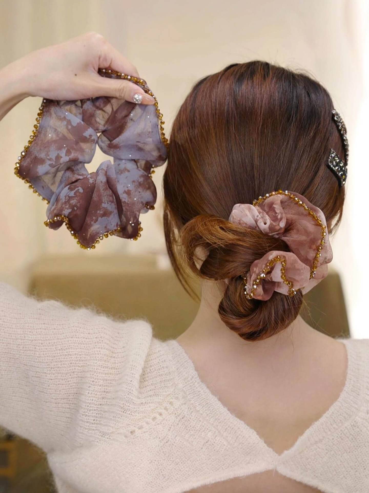 漸變色大腸髮圈碎花珠低丸子頭繩：圖片 4