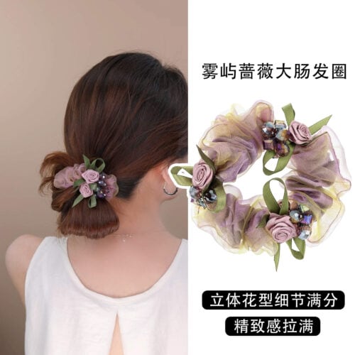 霧嶼薔薇大腸髮圈國風新款花朵綁髮頭繩