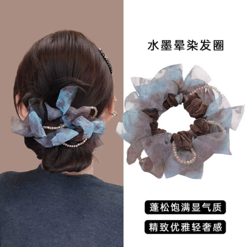 法式網紗蝴蝶結髮圈高彈力超仙珍珠髮繩