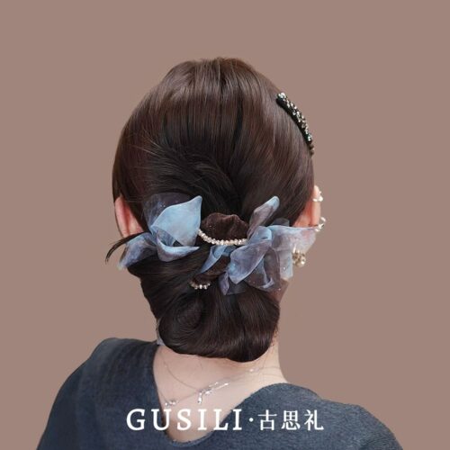 法式網紗蝴蝶結髮圈高彈力超仙珍珠髮繩：圖片 3