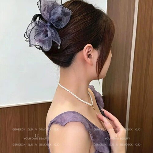 網紗蝴蝶結抓夾女高級感後腦勺髮夾：圖片 3