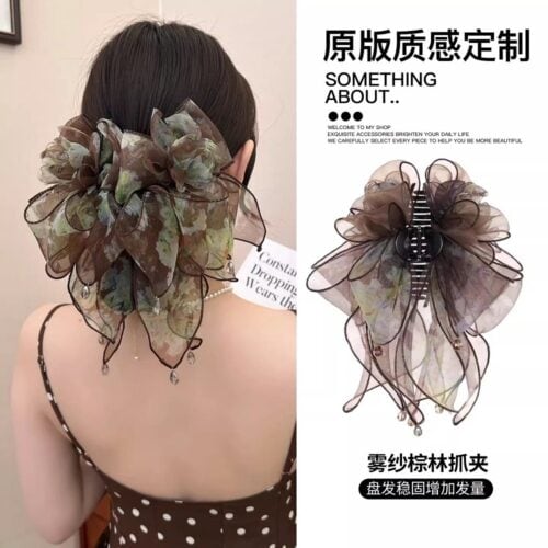 復古歐根紗花朵髮夾網紗裙擺飄帶髮飾