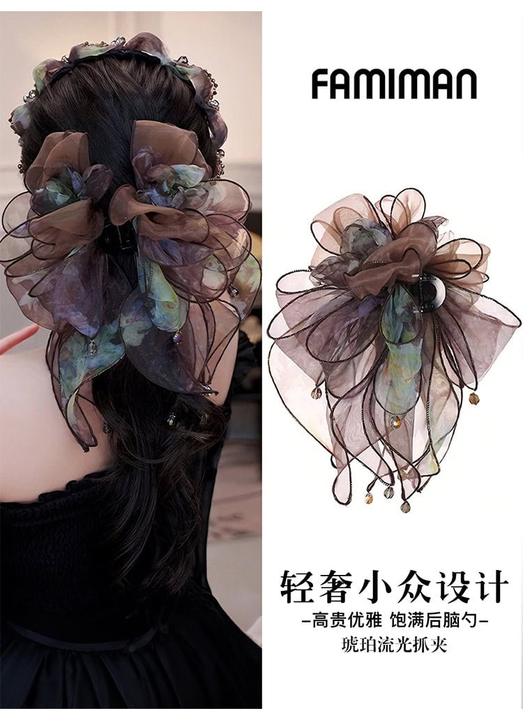 復古歐根紗花朵髮夾網紗裙擺飄帶髮飾