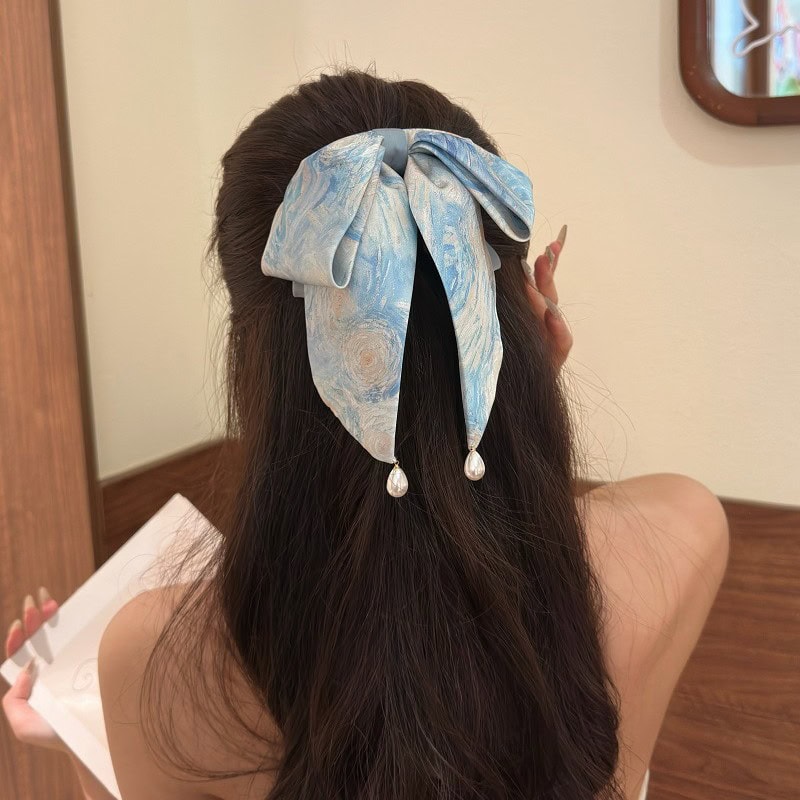 新中式油畫紮染蝴蝶結高馬尾抓夾髮飾：圖片 3