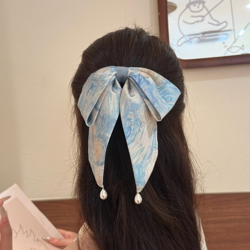 新中式油畫紮染蝴蝶結高馬尾抓夾髮飾：圖片 4