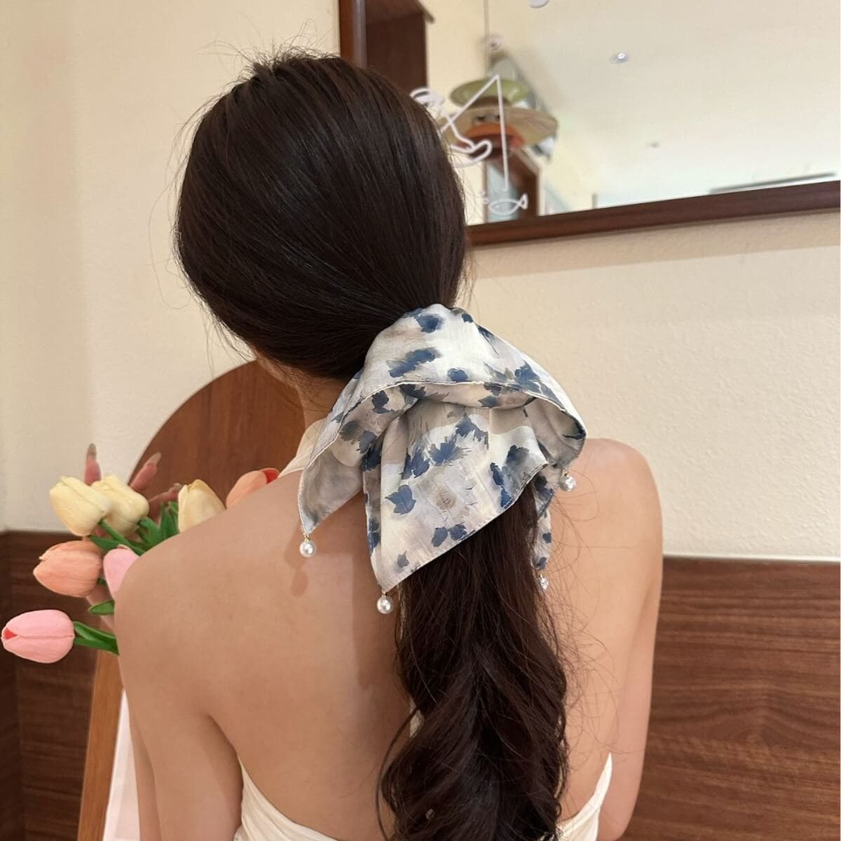 中式水墨風紮染油畫方巾馬尾大腸髮圈：圖片 4